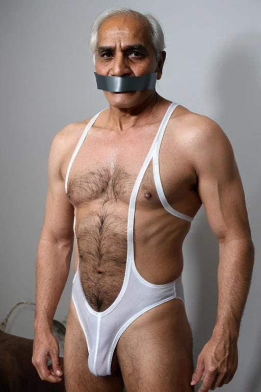 Old indian men,tape gag ,hairy chest, white men singlet, 