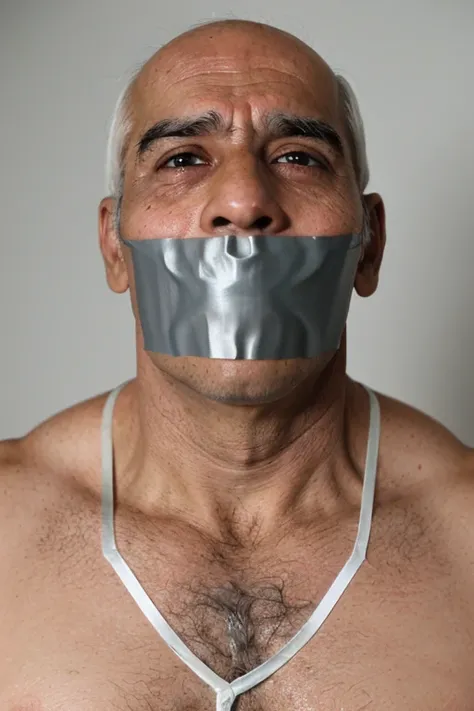 old indian men,tape gag ,hairy chest, white men singlet, mouth tape