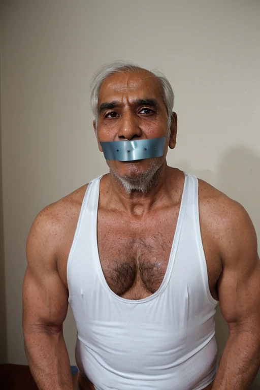 Old indian men,tape gag ,hairy chest, white men singlet, mouth tape