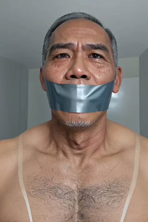 old malay men,tape gag ,hairy chest, white men singlet, mouth tape