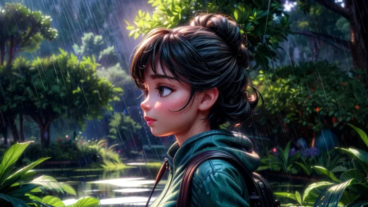 a girl in a middle school uniform walking home in the rainy season, discovering a frog family sheltering from the rain, beautiful detailed face and eyes, long eyelashes, thoughtful expression, school backpack, rain falling, puddles on the ground, lush gree...