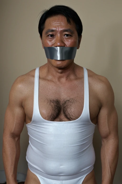 Old malay men,tape gag ,hairy chest, white men singlet, mouth tape, dark hair