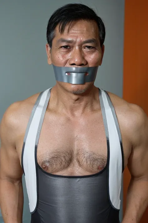 Old malay men,tape gag ,hairy chest, white men singlet, mouth tape, dark hair