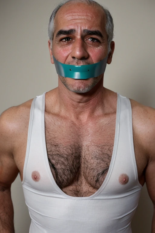 Old arab men,tape gag ,hairy chest, white men singlet, mouth tape, 