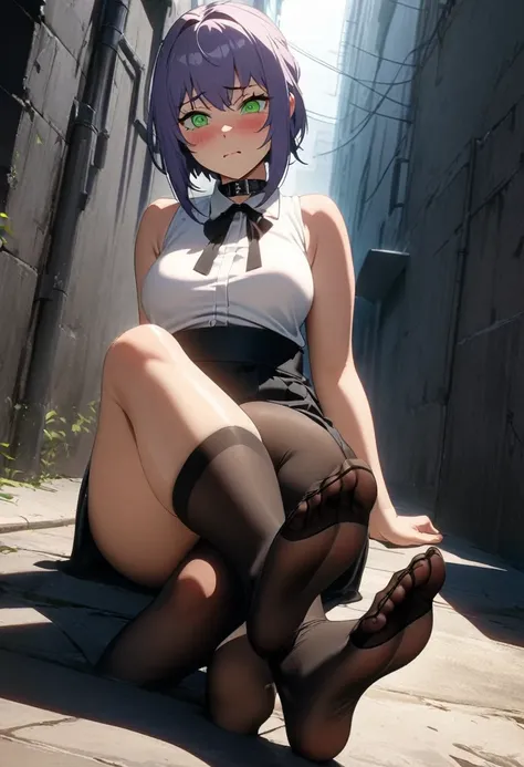 Lei Ze, Lei Ze chainsaw man, 1girl, solo, purple short hair, green eyes, shy expression, blush, black choker, white sleeveless tight shirt, black ribbon at the collar, black high waist slit skirt, black stockings, Sitting pose, low angle view, feet, point ...