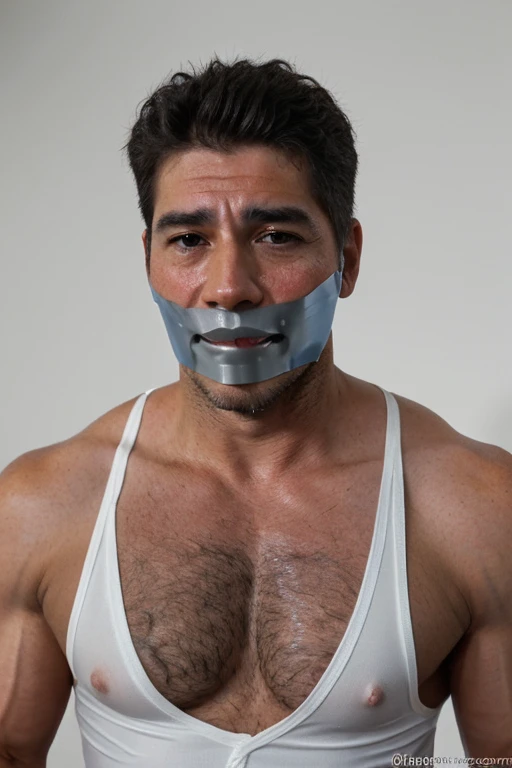 Old latino men,tape gag ,hairy chest, white men singlet, mouth tape, 