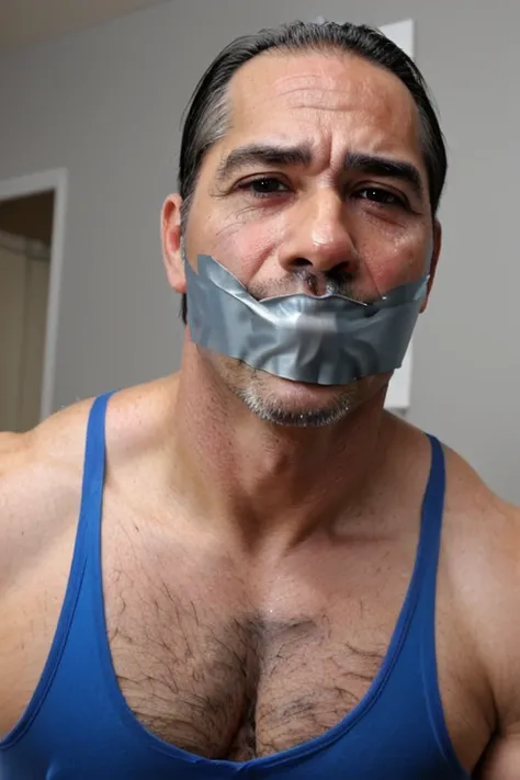 Old latino men,tape gag ,hairy chest, white men singlet, mouth tape, 