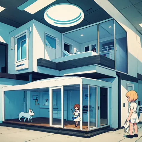 gentle and loving space age house wife and her friendly pet house cat in futuristic house