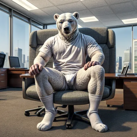 young male polar bear with small blue eyes, no eyebrows, no pants white briefs ,white ankle socks , white shirt, highly detailed lineart, realistic feet, 4k, best quality, masterpiece,office, vivid colors, physically-based rendering ,