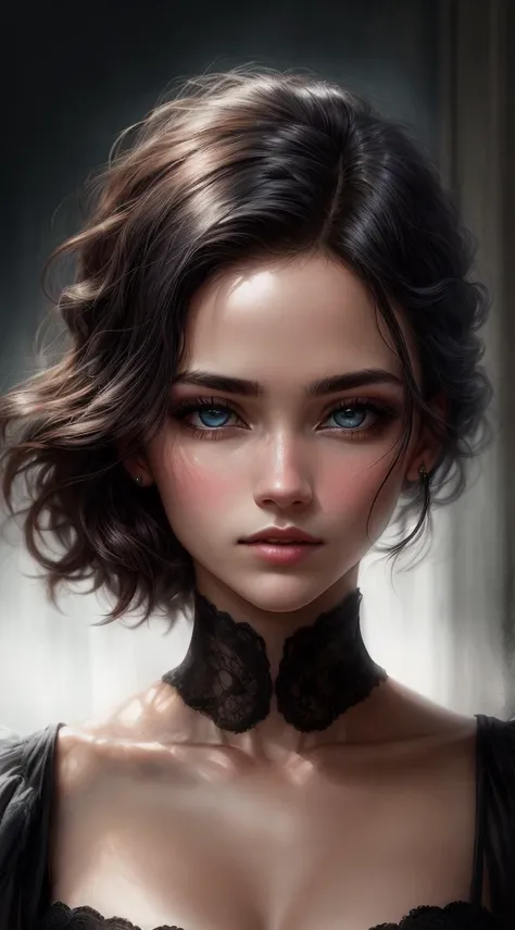 a mesmerizing masterpiece capturing a photorealistic portrayal of a woman with black hair cascading around her face. her piercin...