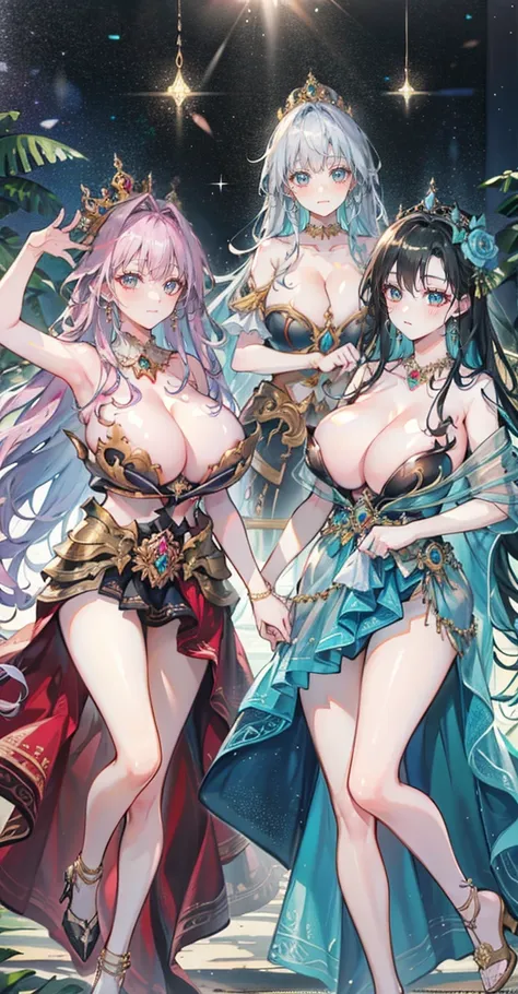 Group of 5 princesses,(6 young women,many young women), (in the bedroom), Various hair styles, harem,(shiny armor, Beautiful crowns and jewelry,crystal filigree jewelry), at night, detailed face, big breasts,Breast curtain, long skirt, mule, Sleeveless , S...