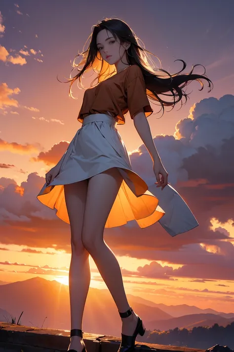 ((Masterpiece, top quality, high resolution)), ((highly detailed CG unified 8K wallpaper)), There is a plane flying in the morning sky, cloudy morning sunrise, strong sun rising in the sky, moody morning sunrise in the background, orange sky outside, cloud...