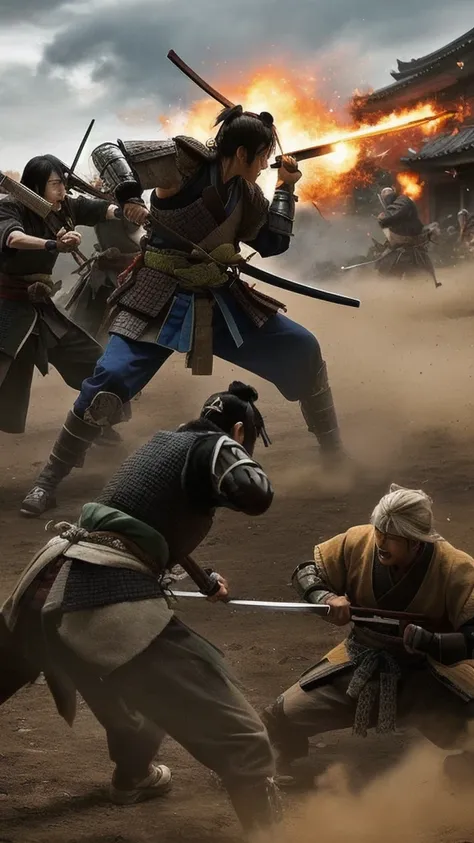 A battlefield scene during the Sengoku period, with valiant samurai warriors fighting fiercely. Focus on a renowned warlord at the front line, captured in the moment of mysteriously vanishing into thin air.