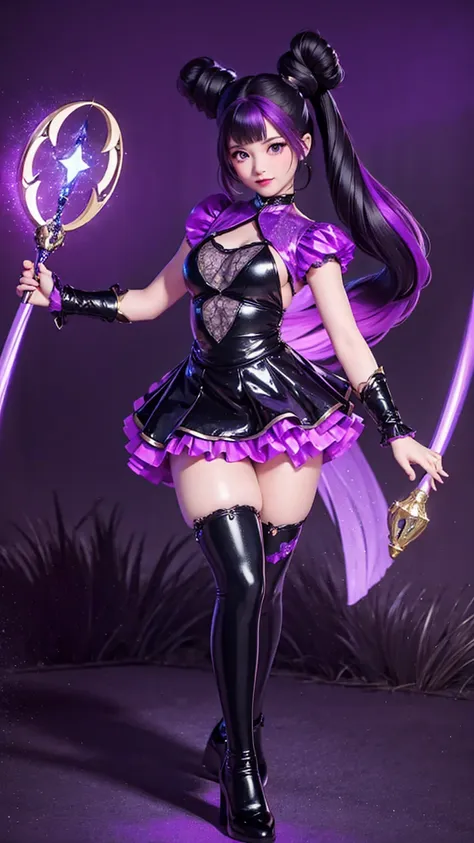 a young girl with long, dark purple hair tied into twin tails, wearing an elegant witch dress in black with purple and gold acce...