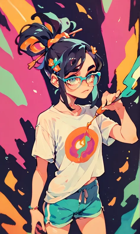 (score_9, score_8_up), score_7_up, score_6_up, score_5_up, score_4_up, 1girl, rim lights, pale skin, pigtail hair, long black hair, hair pin, black background, vibrant, high contrast, painterly, traditional oil paint, white t-shirt with panda face design o...