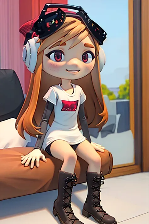 masterpiece, best quality, meggy, headphones, goggles on head, white shirt, layered sleeves, spandex shorts, brown boots, full body, smile, sitting in living room with video game controller