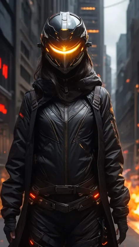 a warrior woman with a cyberpunk costume, with lights on the skin and top, (cg unity 32k engine), wearing helmet and mask closed...