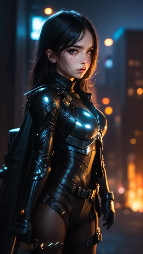 A warrior woman with a cyberpunk costume, with lights on the skin and top, (CG unity 32k engine), Wearing helmet and mask closed eye view and armor showing parts of his body, blurred destroyed city background 