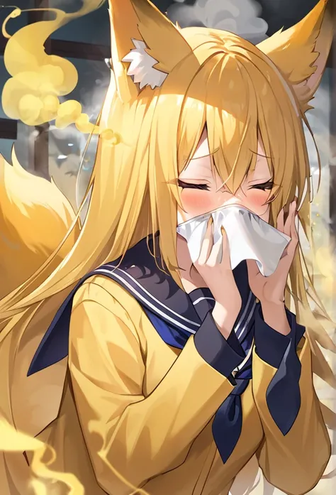 ((blocking the nose)),Bad smell,((Cover your nose)),Yellow smoke,Sailor suit,Blonde,fox ear,fox girl,stinky,