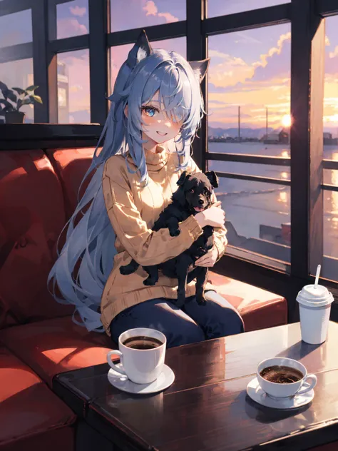 Cute black long straight hair brown eyes round face girl, (hair over one eye), (heterochromia), wearing brown sweater sitting in café drinking coffee, sunset, toothy smile without bangs, holding a poodle puppy in her arms