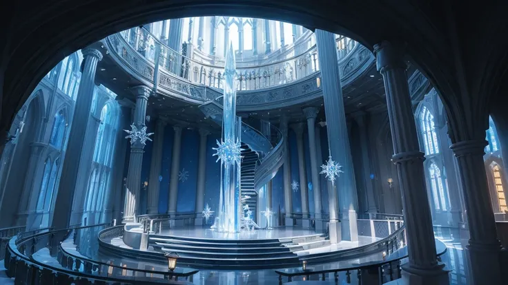 (((Different world interior scene，Spiral staircase)))，Frozen,Blue flag，shrine，beauty，Spectacular，majesty，luxurious，Ice cubes，Crystal clear，Glass，transparent，Light，warmth，church