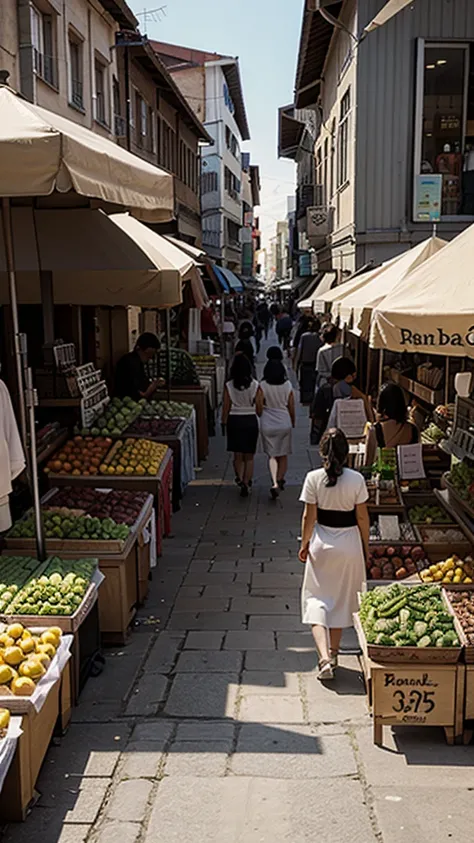 Draw a picture of people walking in the market. Perspective view