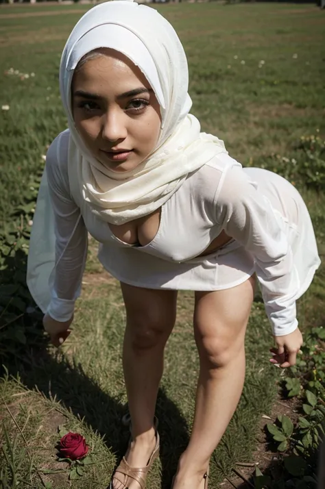 Sexy girl with hijab, high detail, hight quality stand up on the grass with rose