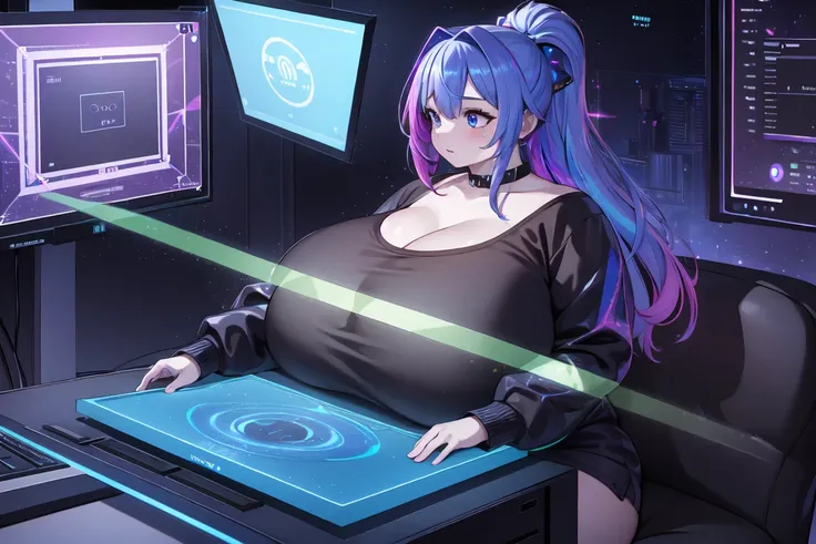 masterpiece, best quality, TopazV4:1.5, 1girl, looking at pc screen, solo, hair ornament, ((holographic interface:1.3)), indoors, spaceship, night, gigantic breasts