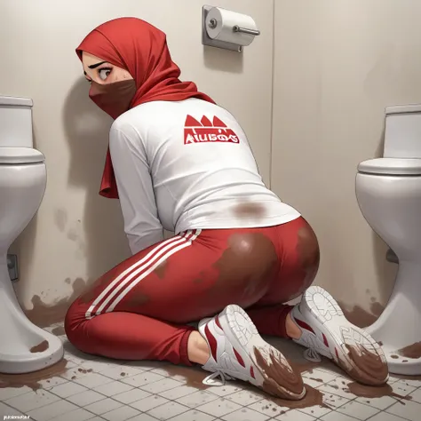 Ultra-realistic, 4k, 1girl, hot cute face, pretty face, cute eyes, fat body, wearing red hijab, red adidas sweatpants, tight long sleeve sports white tshirt, white sneakers, nervous facial expressions, very sweaty, both hands on ass, in dirty dark public t...