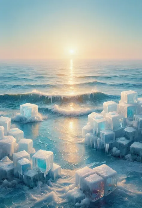 an oil painting，sunrise，ocean，horizon，peaceful，ice cubes里的红色玫瑰，ice cubes，frozen rose，refracted light