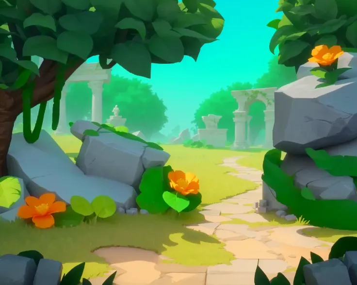 Game Architecture Design, Cartoon, Stone Statues, Ruins, Vines, Jungle, Grass, Flowers, Trees, Leisure Game Style, 3D, Mixer, Masterpiece, Super Details, Best