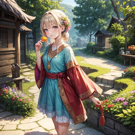 background nature village and warm, 1 girl with beautyfull eyes good body outfit villager but elegant