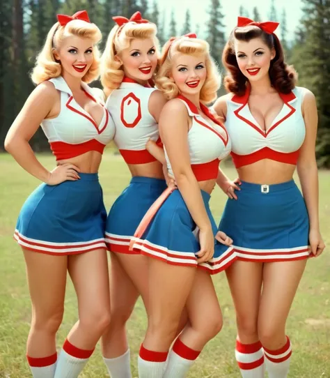 Vintage-style sexy cheerleaders at camp, in pin-up poses with retro uniforms and vibrant colors. perfect face, large breasts