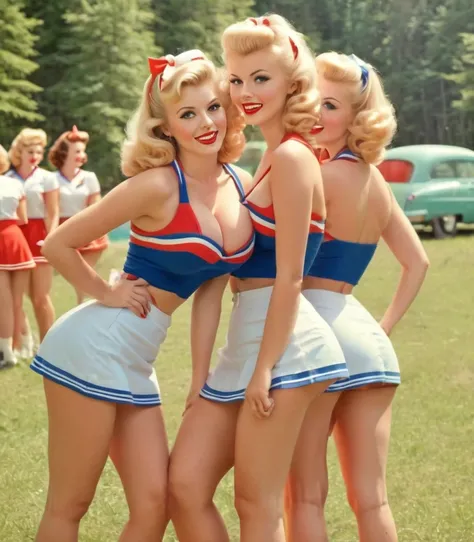 Vintage-style sexy cheerleaders at camp, in pin-up poses with retro uniforms and vibrant colors. perfect face, large breasts