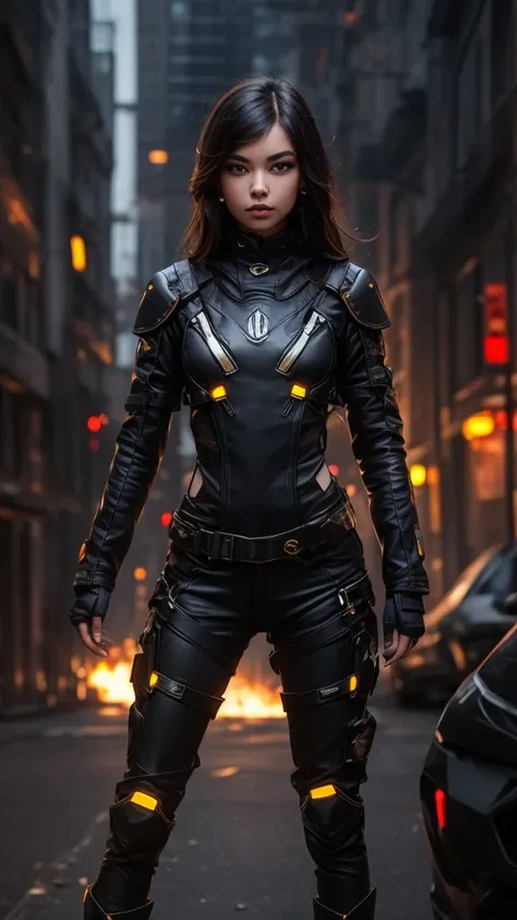 a warrior woman with a cyberpunk costume, with lights on the skin and top, (cg unity 32k engine), wearing helmet and mask closed...