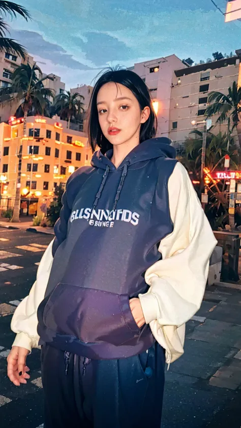 8K, 1girl, beautiful, black bob hairstlye, ((wear orange oversized hoodie)), oversize_shirt, ((purple sweatpants)), Evening light，Bridgeside，Taking a walk，(purple slacks), look at viewer, (((80s architecture colorful motel))) ,perfect beautiful face,perfec...