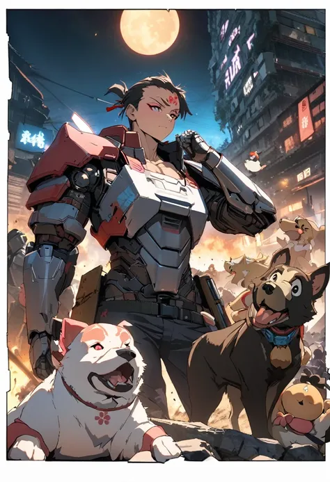 Momotaro, Cyberpunk, (日本warrior刀, warrior), 1 man, Wakame, Peach blossom on forehead, ((Mechanical Armor)), battlefield, night, best quality, Best masterpiece, HD, 16K, 1 dog, 1. Monkey, 1 chicken