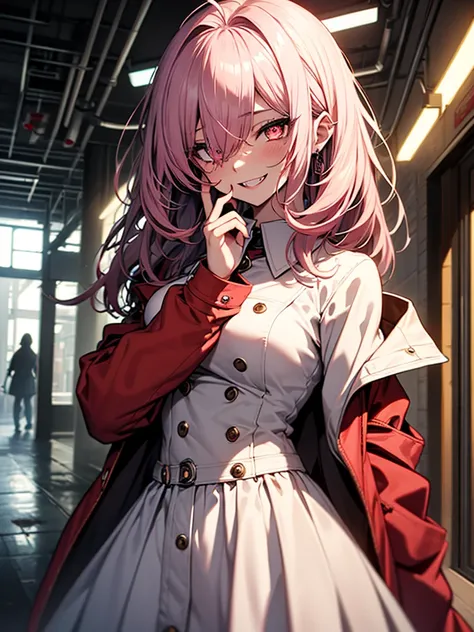 1girl, long hair, teeth, solo, blood on clothes, sharp teeth, red eyes, smile, looking at viewer, blood, hair between eyes, white hair, dress, pink hair, white dress, bangs, blood on hands, claws, messy hair, indoors, colored skin, grin, glowing, buttons, ...