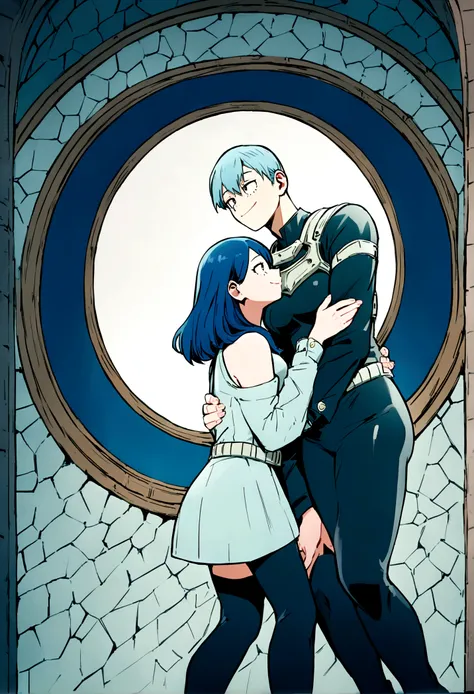 Boku no hero academia style,Women,smile,beautiful, short shoulder length hair, blue hair, clear skin, black tight clothing, kissing with the character enji todoroki