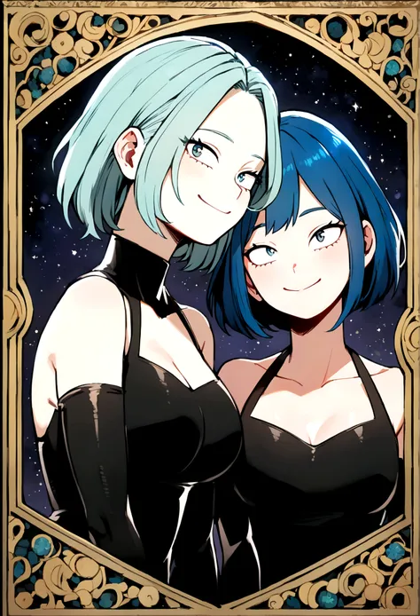 boku no hero academia style,women,smile,beautiful, short shoulder length hair, blue hair, clear skin, black tight clothing, kiss...