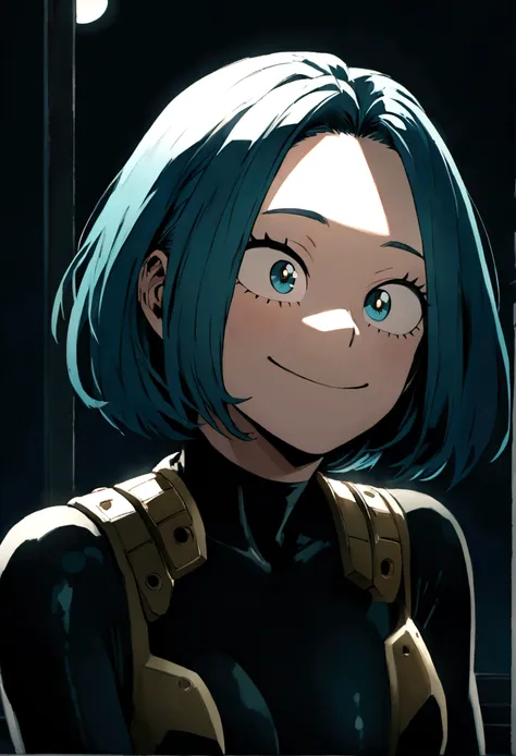 boku no hero academia style,women,smile,beautiful, short shoulder length hair, blue hair, clear skin, black tight clothing, kiss...