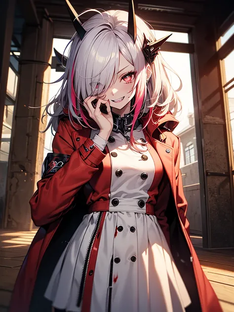 1girl, long hair, teeth, solo, blood on clothes, sharp teeth, red eyes, smile, looking at viewer, blood, hair between eyes, white hair, dress, pink hair, white dress, bangs, blood on hands, claws, messy hair, indoors, colored skin, grin, glowing, buttons, ...