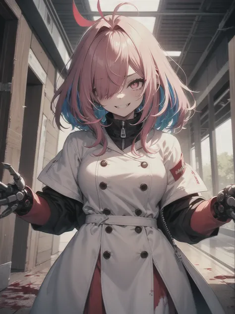 1girl, long hair, teeth, solo, blood on clothes, sharp teeth, red eyes, smile, looking at viewer, blood, hair between eyes, white hair, dress, pink hair, white dress, bangs, blood on hands, claws, messy hair, indoors, colored skin, grin, glowing, buttons, ...