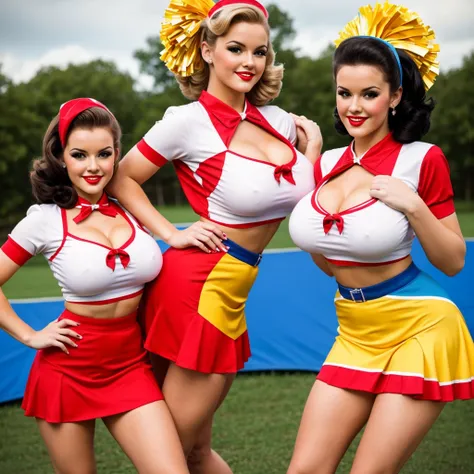 Two Vintage-style sexy cheerleaders at camp, in pin-up poses with retro uniforms and vibrant colors. perfect face, large breasts