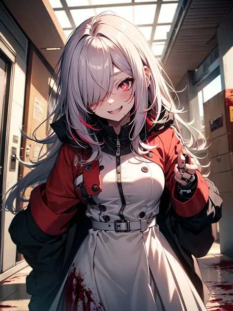 1girl, long hair, teeth, solo, blood on clothes, sharp teeth, red eyes, smile, looking at viewer, blood, hair between eyes, white hair, dress, pink hair, white dress, bangs, blood on hands, claws, messy hair, indoors, colored skin, grin, glowing, buttons, ...