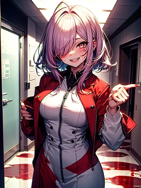 1girl, long hair, teeth, solo, blood on clothes, sharp teeth, red eyes, smile, looking at viewer, blood, hair between eyes, white hair, dress, pink hair, white dress, bangs, blood on hands, claws, messy hair, indoors, colored skin, grin, glowing, buttons, ...