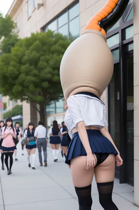 , natural lighting, masterpiece, highly detailed, realistic, 8k resolution, high quality, aichan, school, pleated miniskirt, (lace panties:0.8), narrow waist, (cell vore), (tail vore:1.3), struggling, ass view, thigh highs, (schoolgirl crowd)