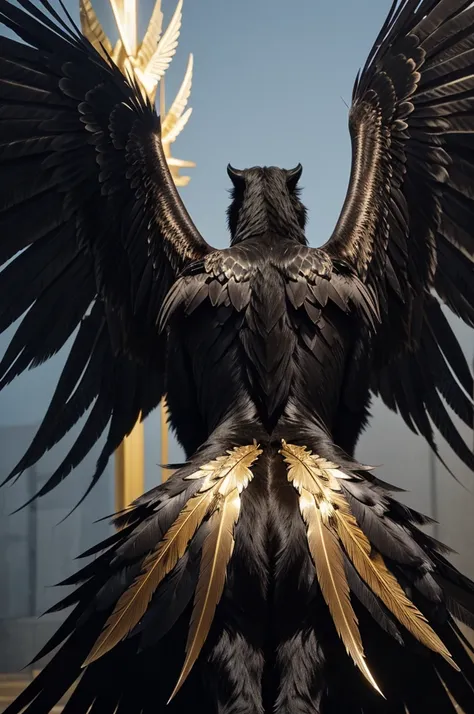 The head of the creature is that of a mighty golden eagle, with piercing amber eyes. It has sharp, hooked beak, and the feathers on its head are sleek and dark, with a few streaks of gold that glimmer ominously. The body is that of a powerful panther, slee...