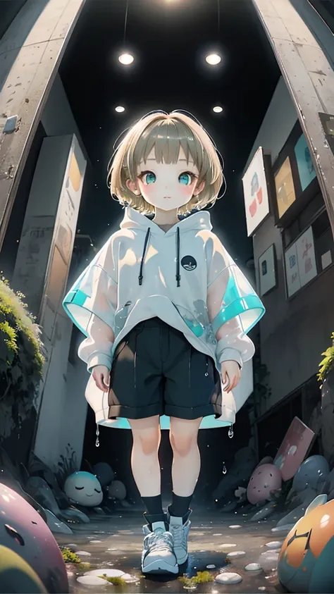 delicate、detailed、high quality、high resolution、４K、high quality、Short Mash Hair、Short Hair、Blonde Hair Color、Turquoise Eyes、white色のパーカー、Black hot pants、Black sneakers、Childish, high quality、超detailedな、(1 girl in:1.3)、internal、Elementary school girls、 girl，，...