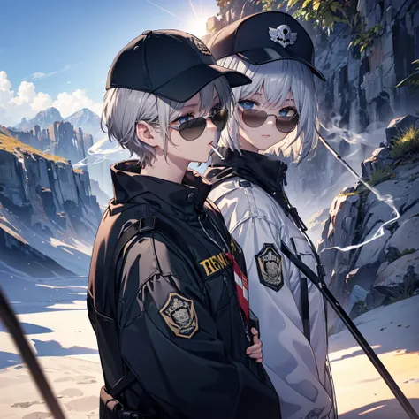 (((Smoke a cigarette　Wear sunglasses　Security Officer　Wear a hat)))　(((Gray Hair　Short Hair　blue eyes　girl)))，((noon　wilderness　In the middle of the desert))，(Shining Sun　Rolling Skull)，　Shining Background　Shining Edge